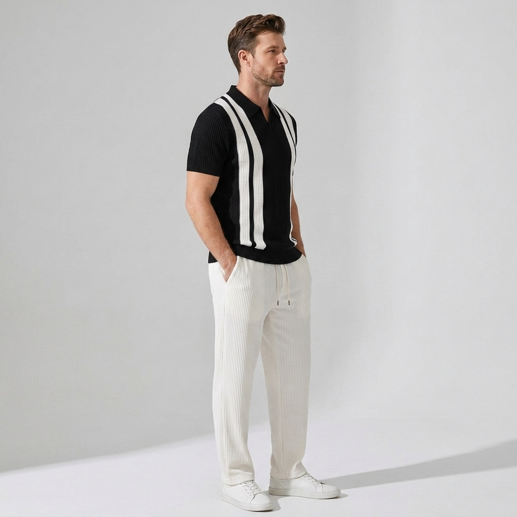 Man in beige striped knit Johnny collar polo and waffle pants in sunny outdoor scene