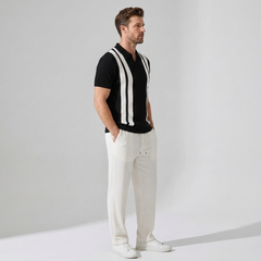 Man in beige striped knit Johnny collar polo and waffle pants in sunny outdoor scene