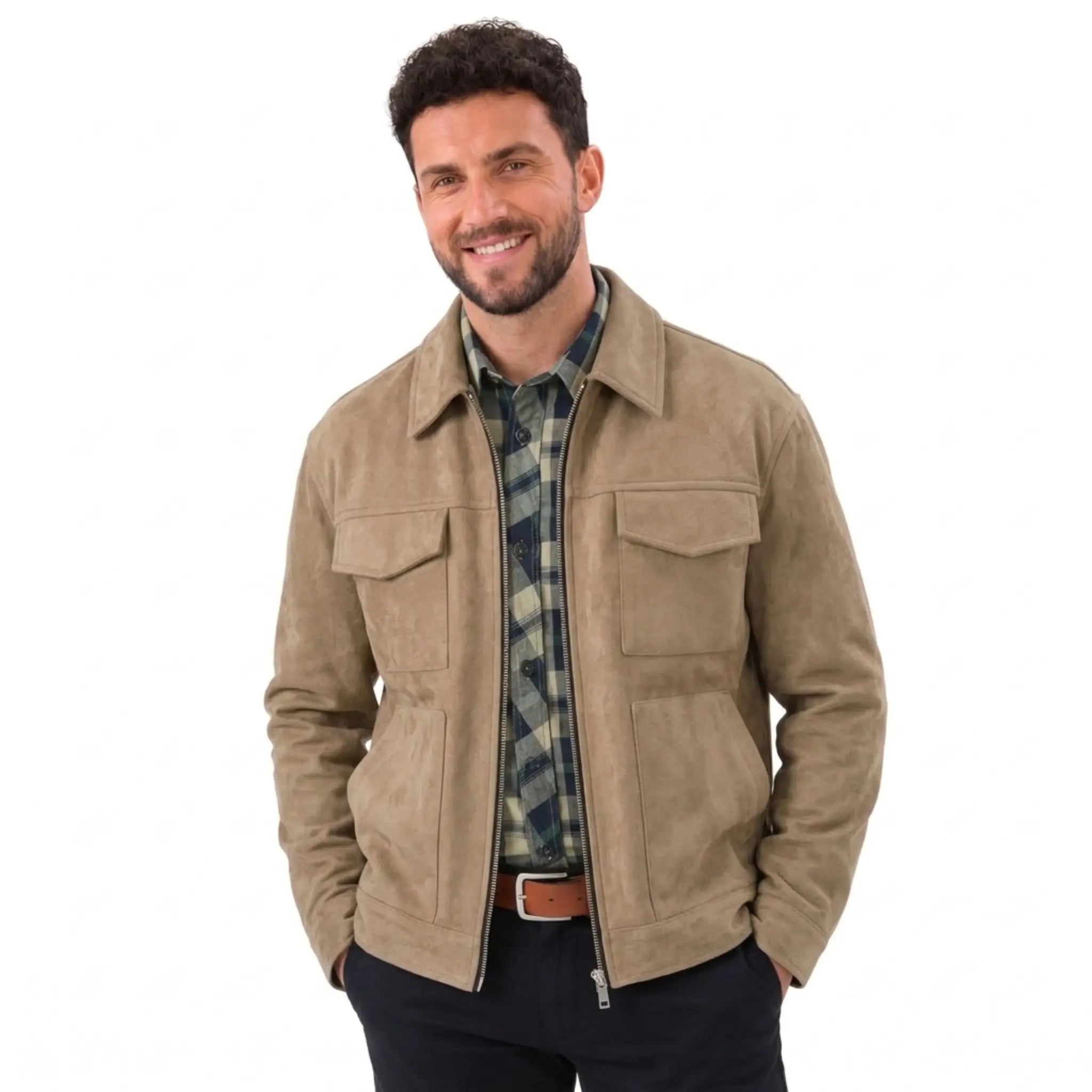 MannerCo beige thickened zipper jacket with chest pockets and plaid shirt layering slim fit front view