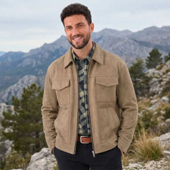 MannerCo beige slim fit thickened zipper jacket worn outdoors against mountain backdrop
