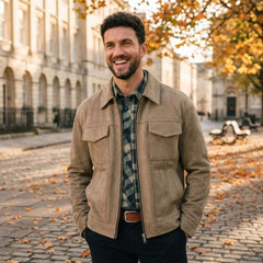 MannerCo beige slim fit zipper jacket with chest pockets worn outdoors in autumn setting