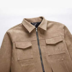 MannerCo beige thickened zip jacket with chest pockets and point collar slim fit product display