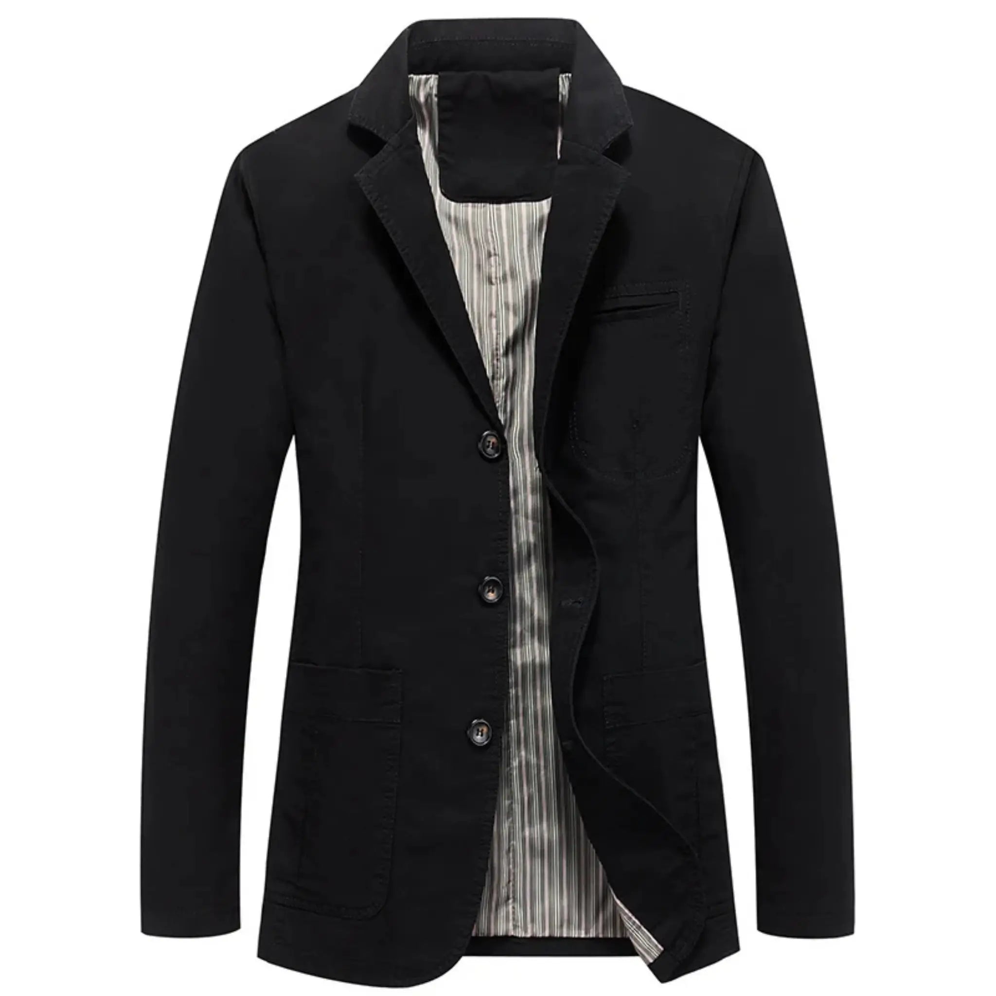 MannerCo black cotton casual blazer jacket single-breasted 3-button striped lining loose fit display