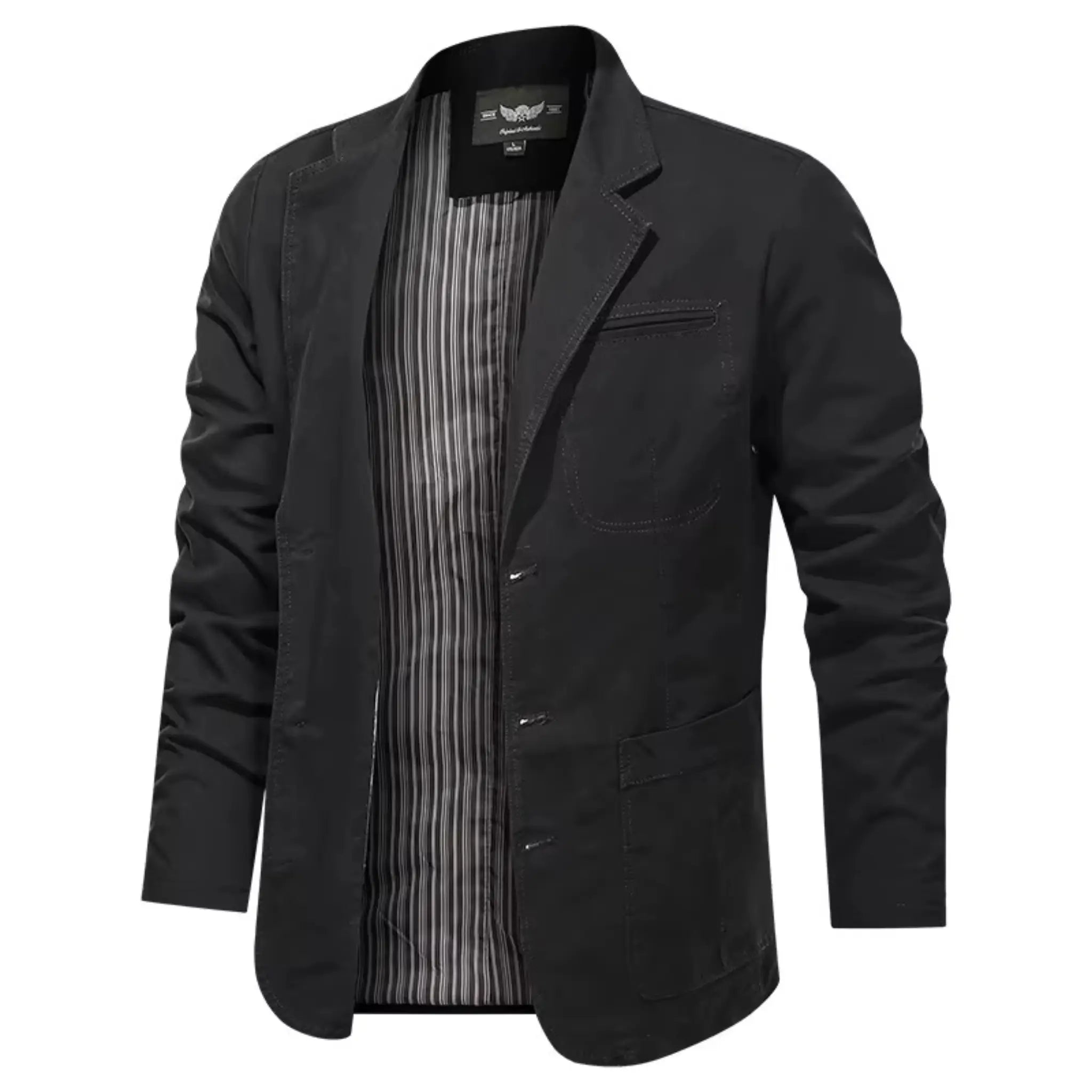 MannerCo black loose washed cotton casual blazer jacket open front with striped lining display