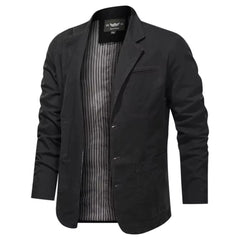 MannerCo black loose washed cotton casual blazer jacket open front with striped lining display