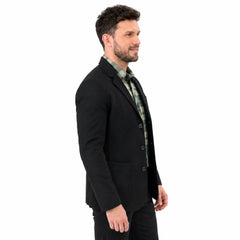 MannerCo black casual cotton blazer jacket side view on male model with plaid shirt