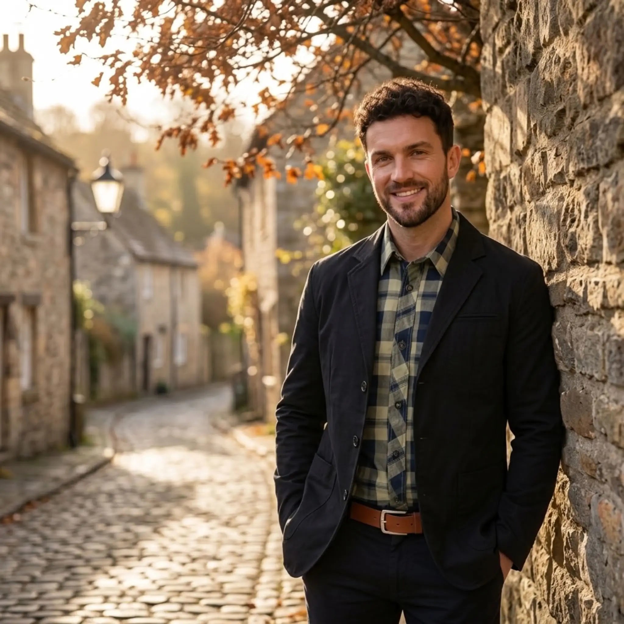MannerCo black washed cotton casual blazer jacket worn outdoors on cobblestone village street