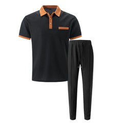 Color Block Waffle Polo & Straight Leg Pants – 2 Piece Smart Casual Outfit