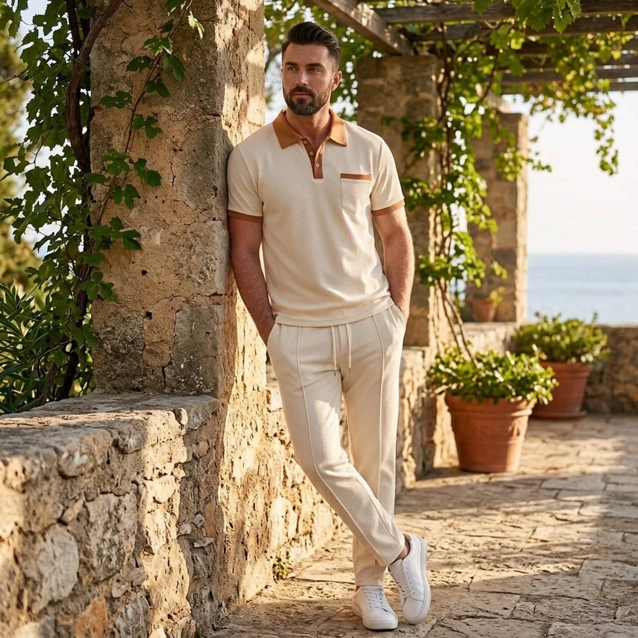 Man wearing a black color block waffle polo shirt and straight leg pants front view on plain background