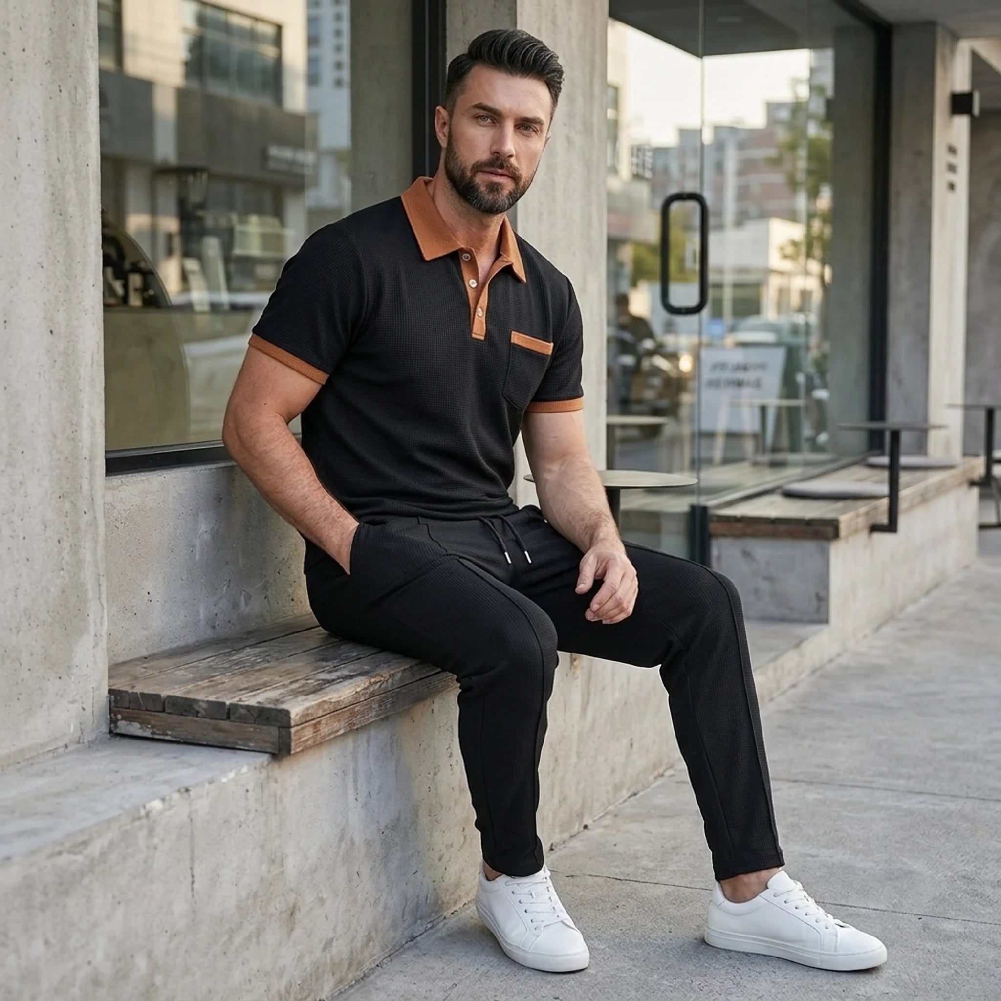 Man wearing black color block waffle polo and straight leg pants in outdoor lifestyle setting