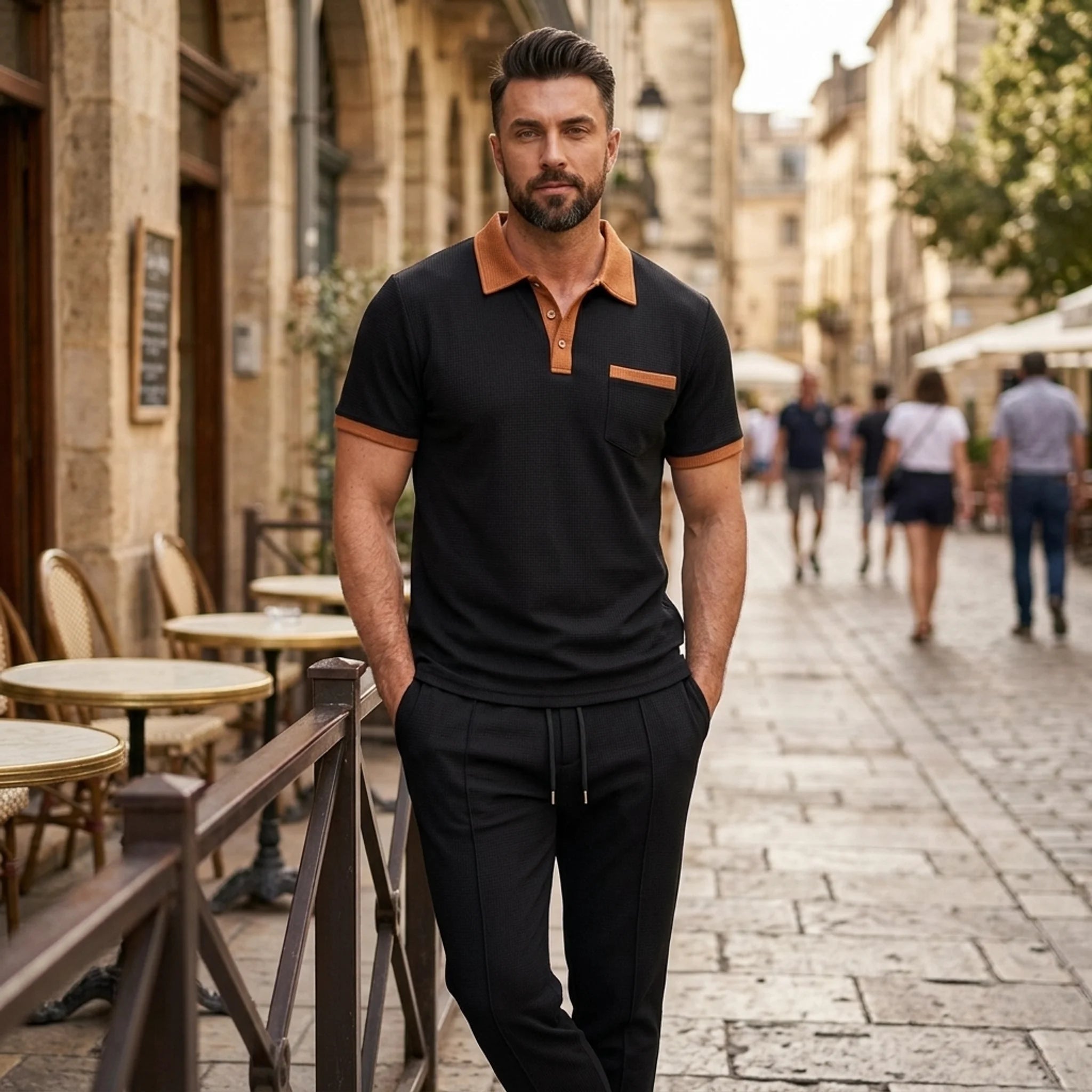 Man wearing black color block waffle polo and straight leg pants walking in sunny outdoor scene