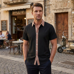 MannerCo black contrast collar linen blend short sleeve shirt worn by man at Italian café