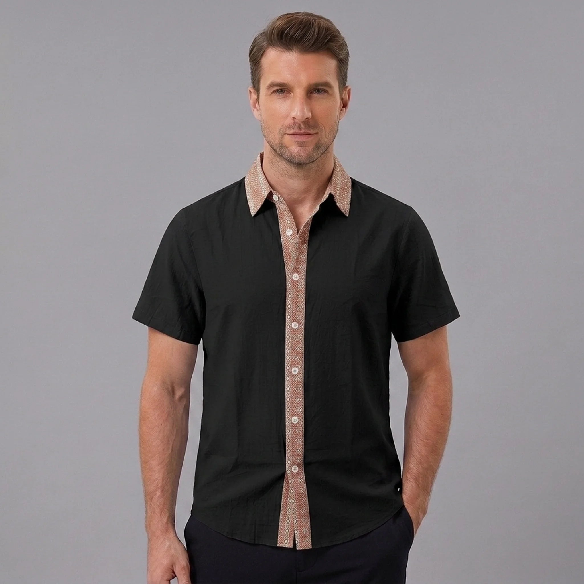 MannerCo black linen blend short sleeve shirt with contrast terracotta print collar and button placket, front view