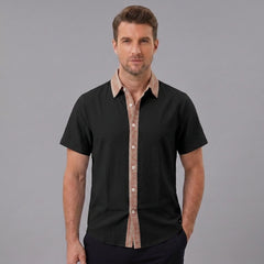 MannerCo black linen blend short sleeve shirt with contrast terracotta print collar and button placket, front view