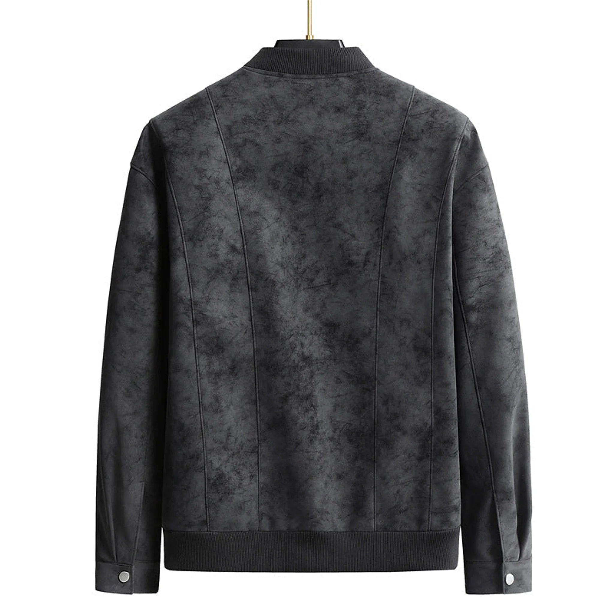 MannerCo black faux suede leather bomber jacket back view with ribbed collar and hem