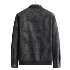 MannerCo black faux suede leather bomber jacket back view with ribbed collar and hem