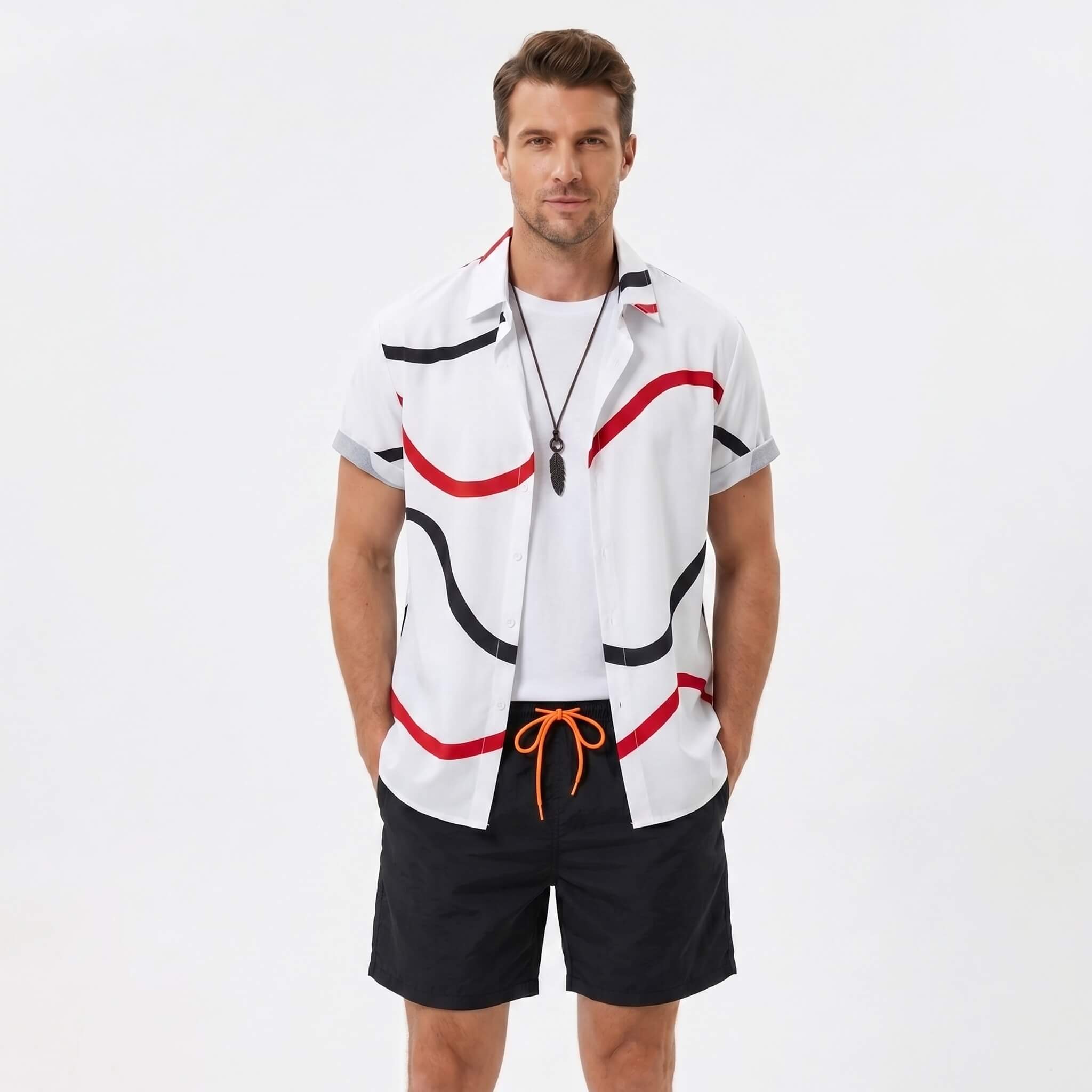 Man wearing a black line print button up shirt and swim shorts front view on plain background