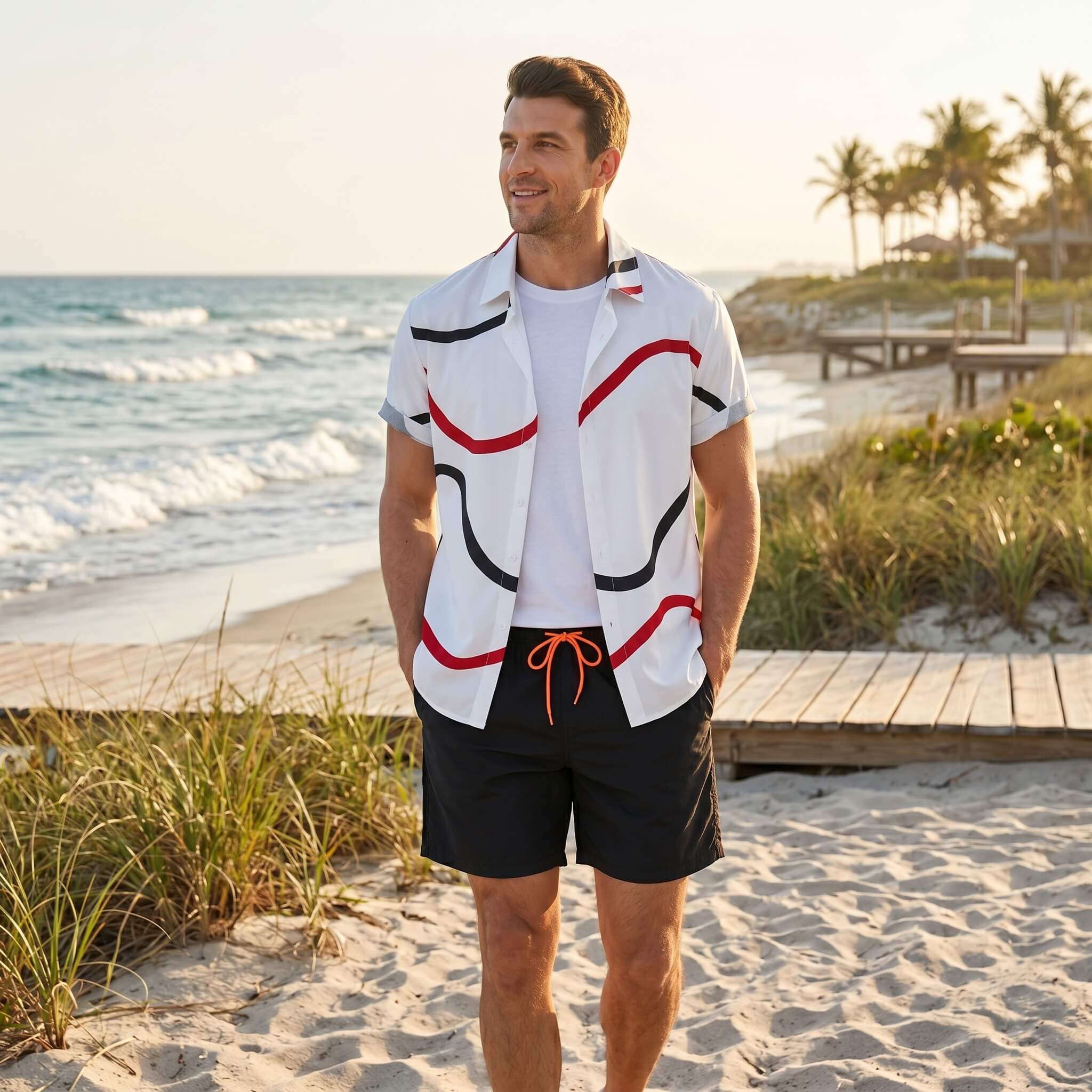 Man wearing black line print button up shirt and swim shorts in outdoor lifestyle setting