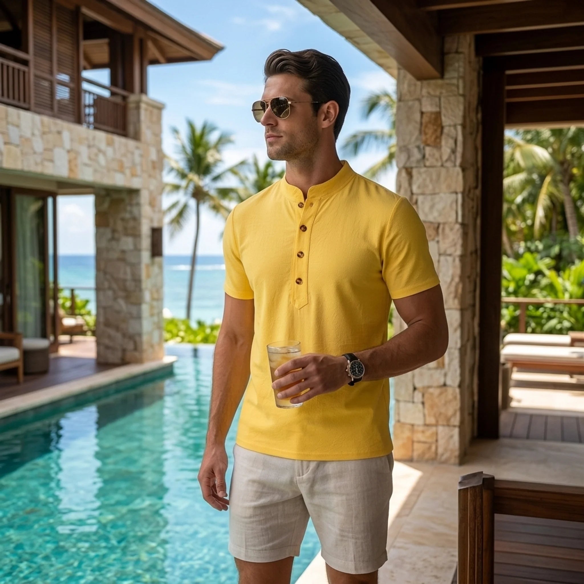 Man wearing black linen jacquard polo shirt in outdoor lifestyle setting