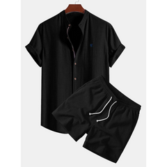 Linen Look Stand Collar Shirt & Crinkle Textured Drawstring Shorts - 2 Piece Summer Outfit