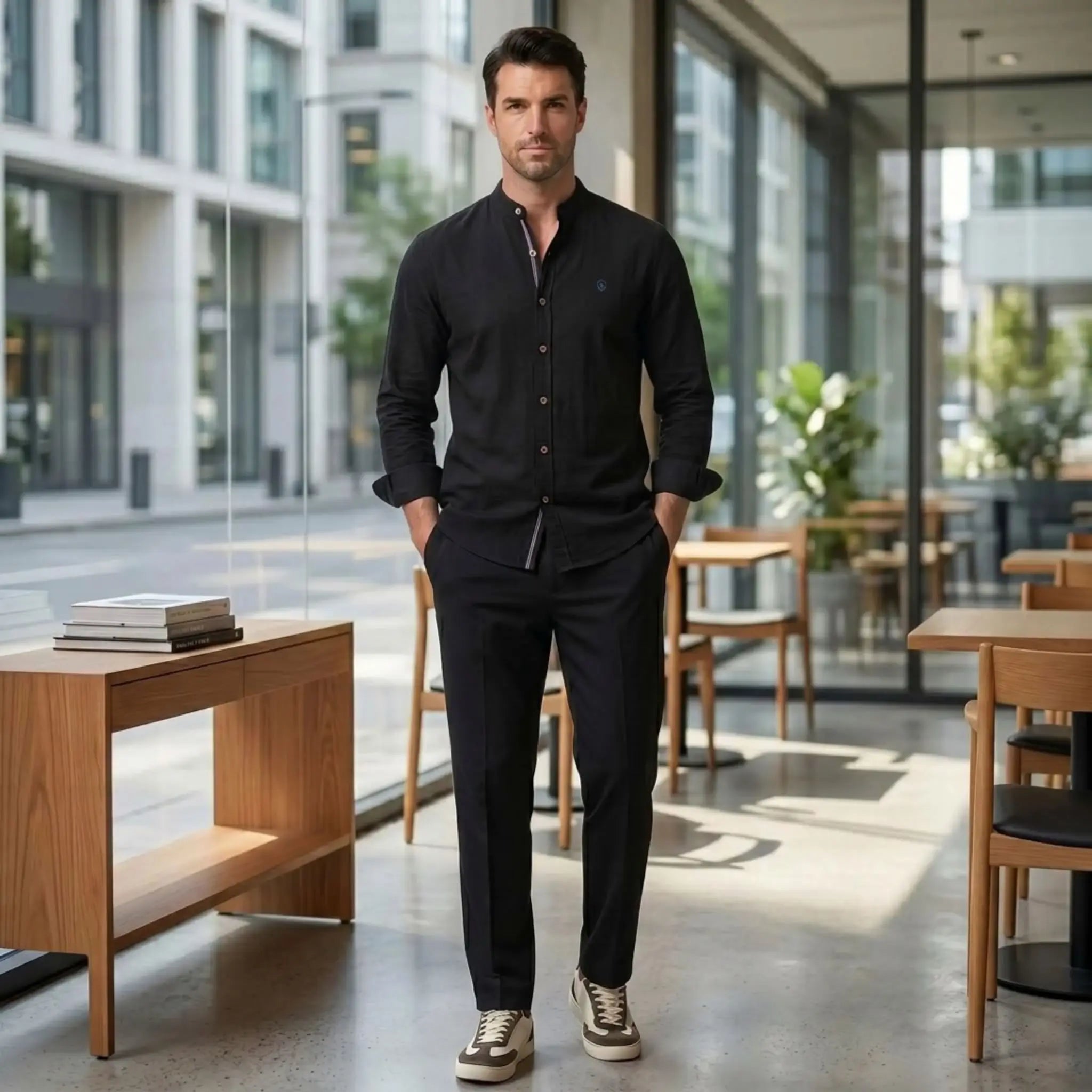 MannerCo black linen stand collar shirt and slim tapered trousers 2-piece set front view indoor