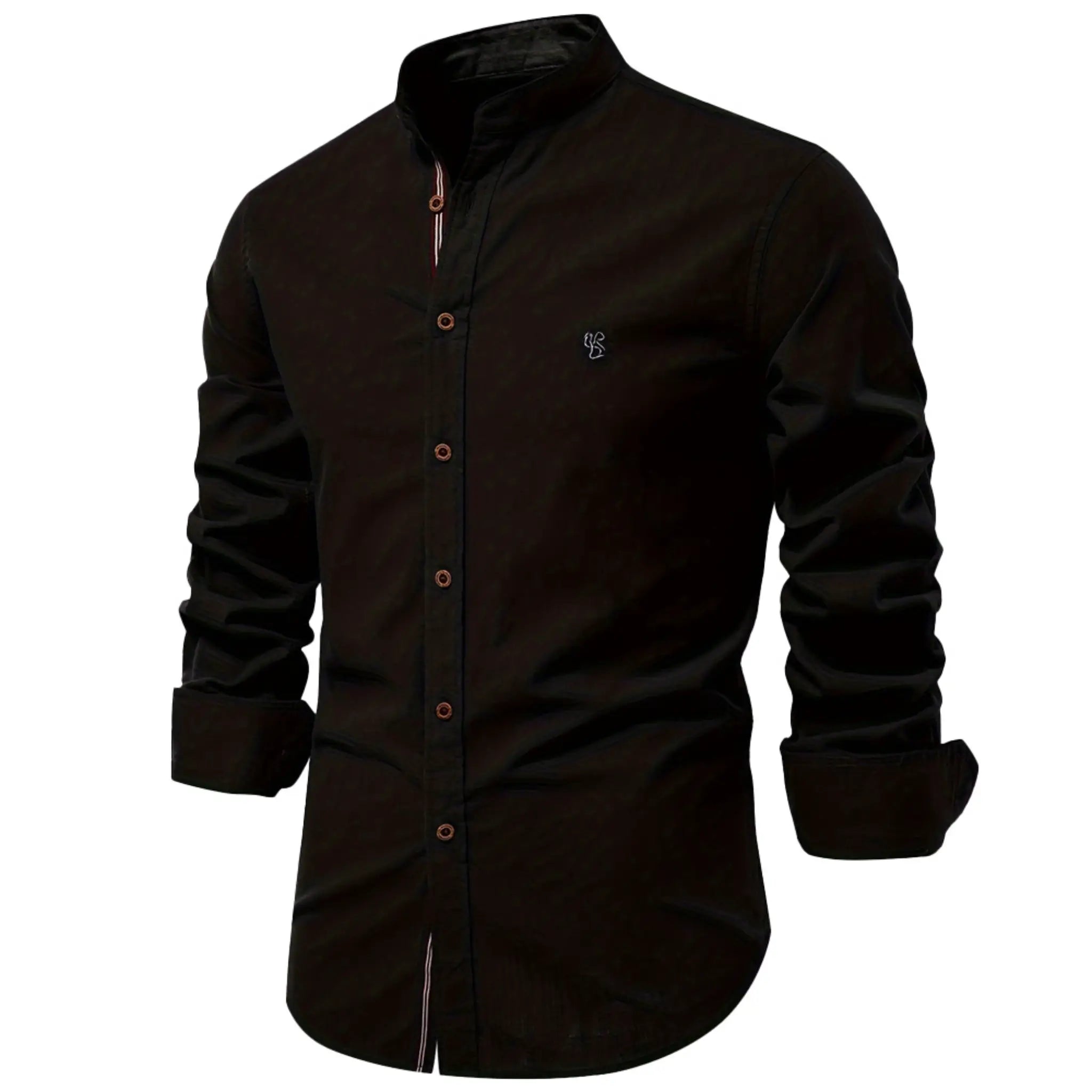 MannerCo black linen stand collar shirt slim fit long sleeve with copper buttons front view