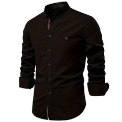 MannerCo black linen stand collar shirt slim fit long sleeve with copper buttons front view