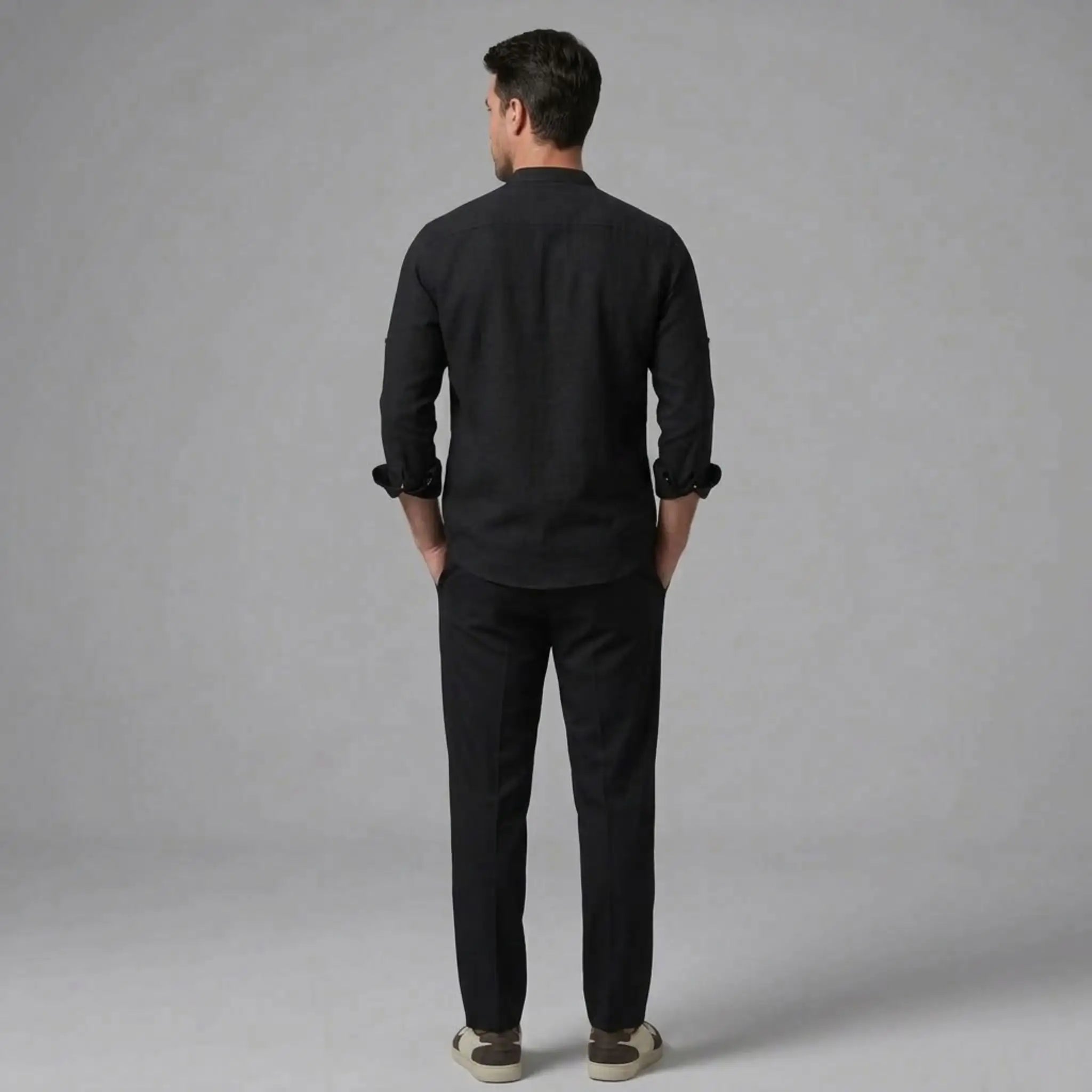 MannerCo black linen stand collar shirt and slim tapered trousers 2-piece set back view
