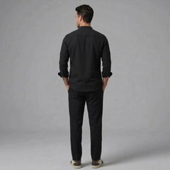 MannerCo black linen stand collar shirt and slim tapered trousers 2-piece set back view