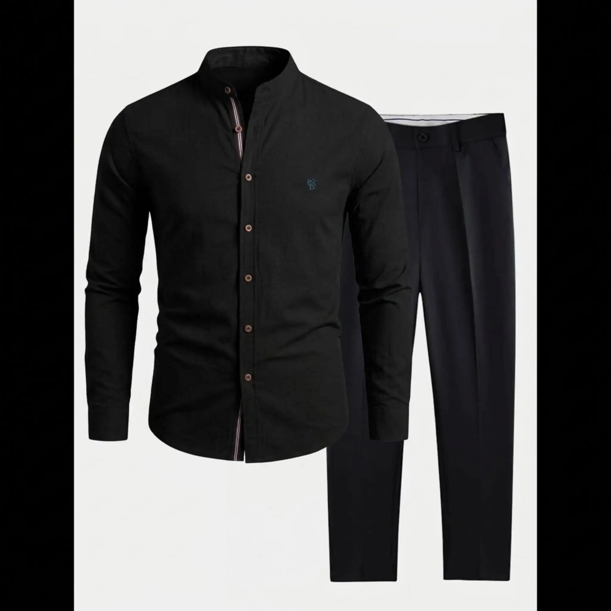 MannerCo black linen stand collar shirt and slim fit tapered trousers 2-piece set product display