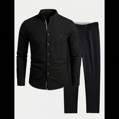 MannerCo black linen stand collar shirt and slim fit tapered trousers 2-piece set product display