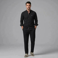 MannerCo black linen stand collar shirt and slim tapered trousers 2-piece set front view