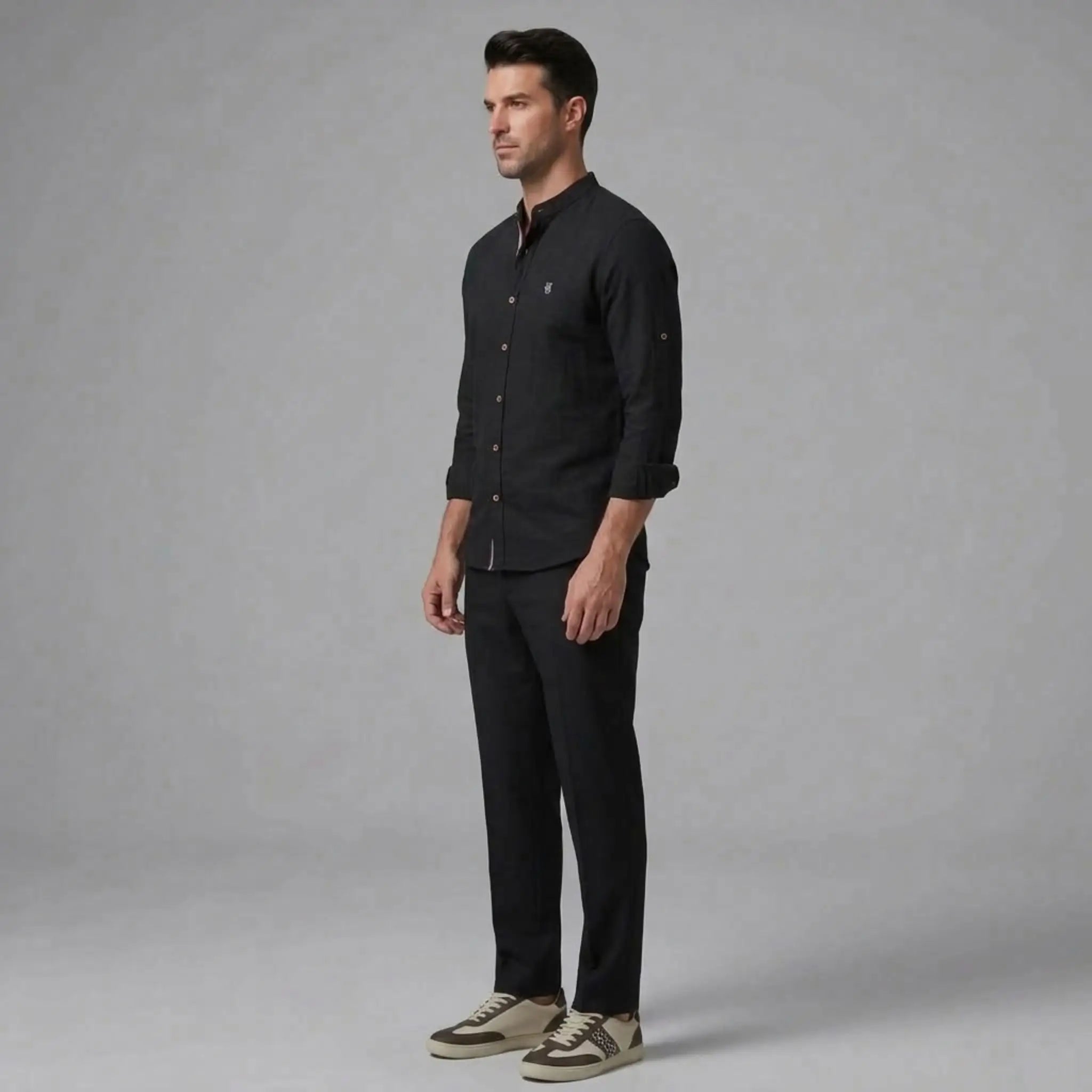 MannerCo black linen stand collar shirt and slim tapered trousers 2-piece set side view