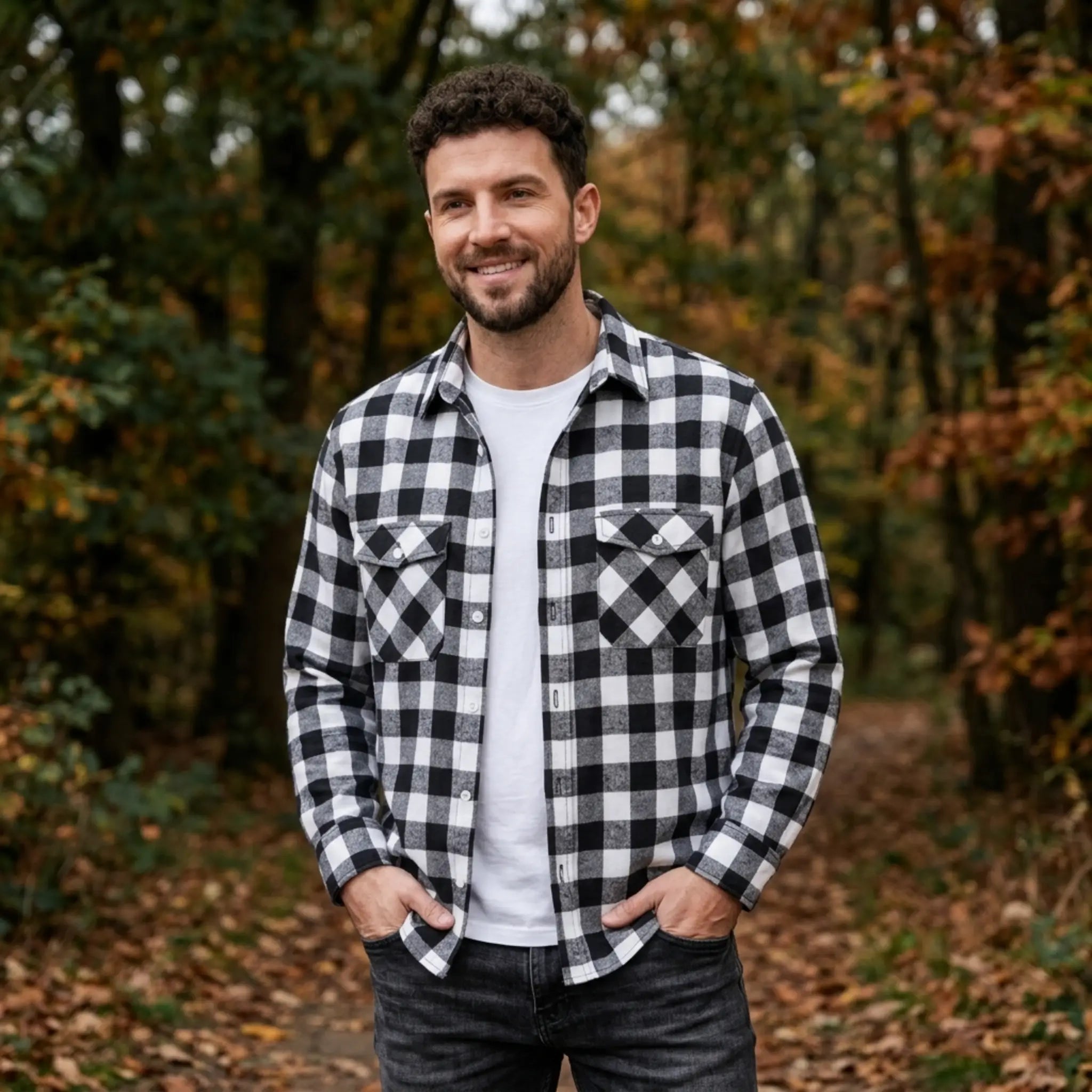 MannerCo black plaid flannel shirt with turn-down collar worn outdoors in autumn forest