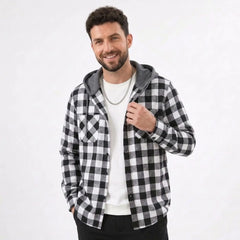 MannerCo black plaid hooded flannel shirt jacket worn open over white tee front view