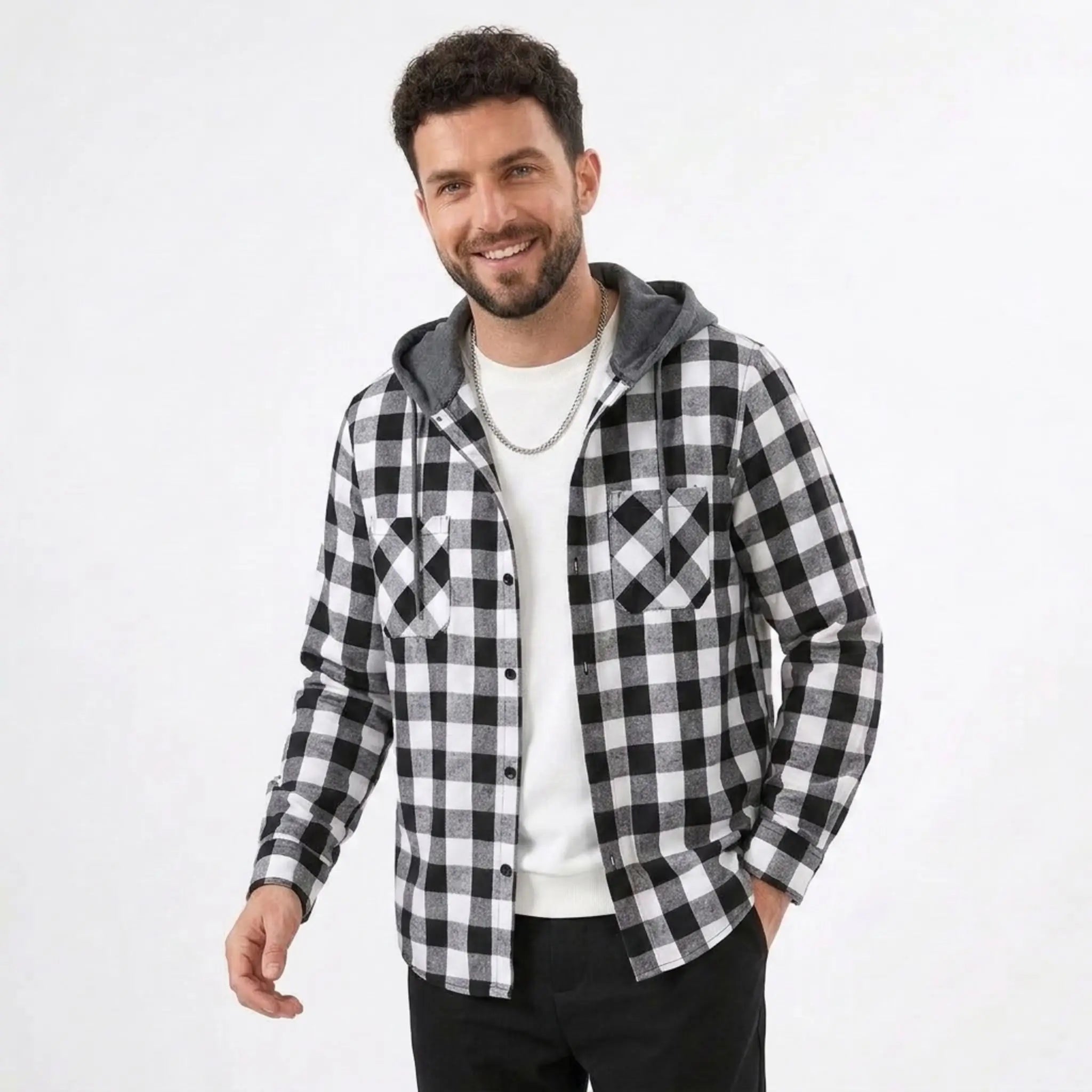 MannerCo black plaid hooded flannel jacket with grey hood worn open over white tee
