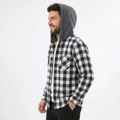 MannerCo black plaid hooded flannel jacket side view with gray hood and snap buttons