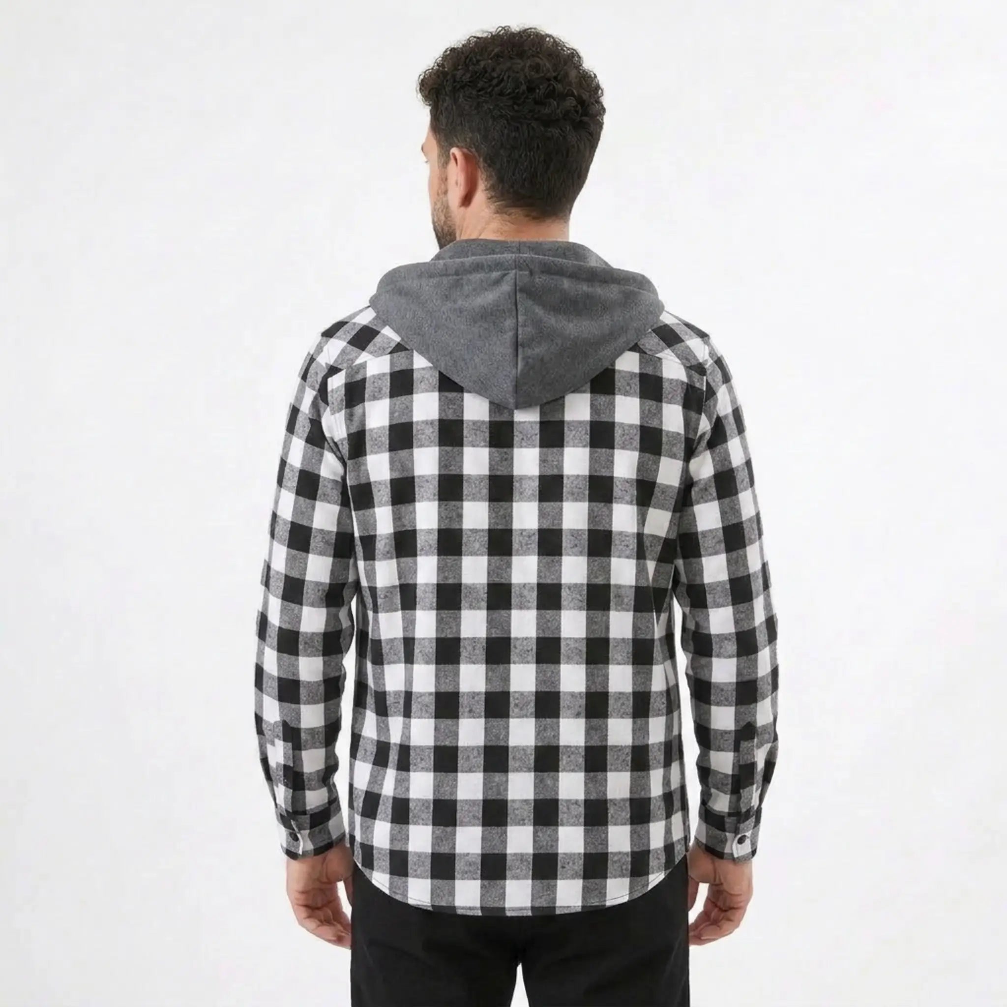 MannerCo black plaid hooded zip-up jacket back view with gray hood