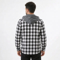MannerCo black plaid hooded zip-up jacket back view with gray hood