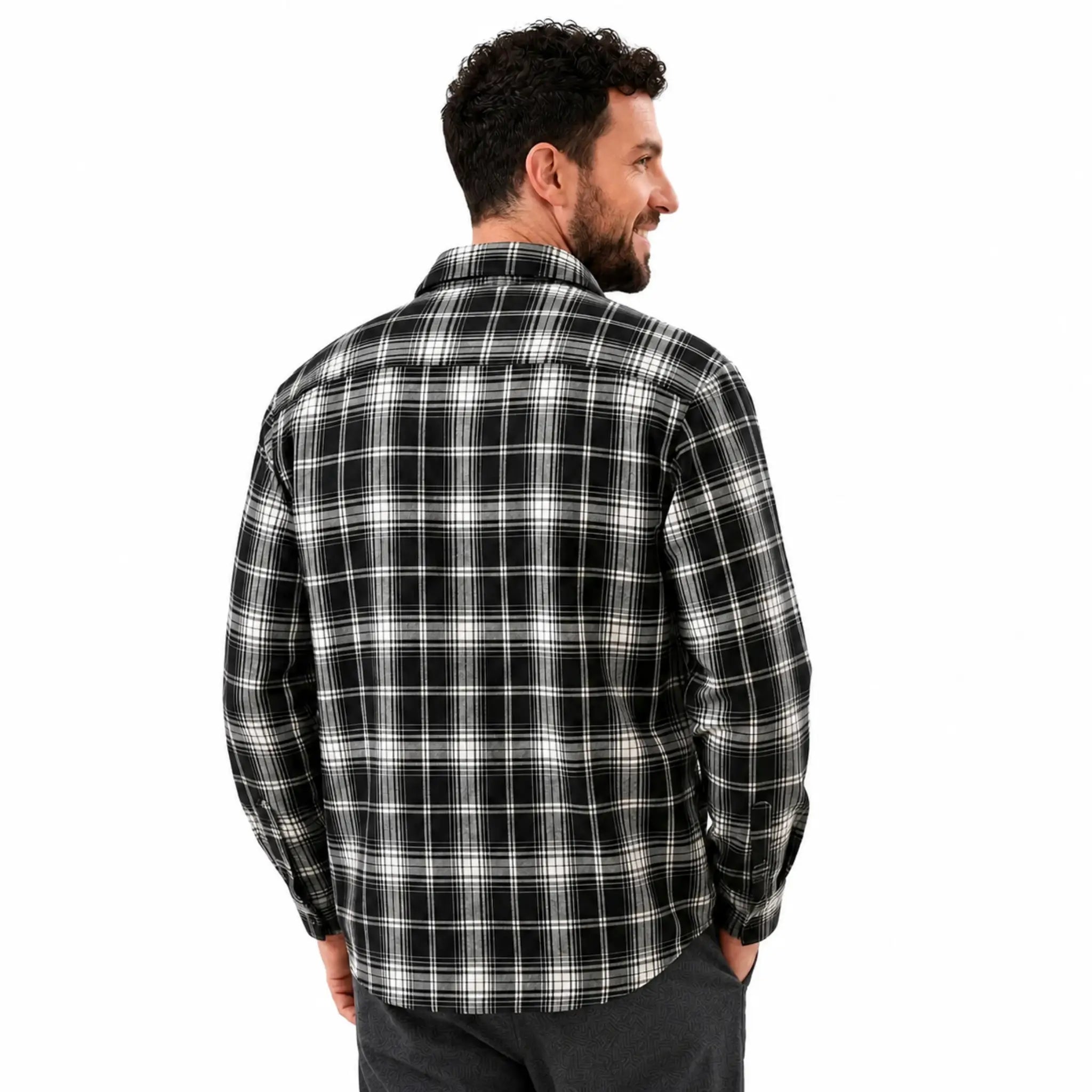 MannerCo black plaid flannel shirt back view long sleeves relaxed fit on male model