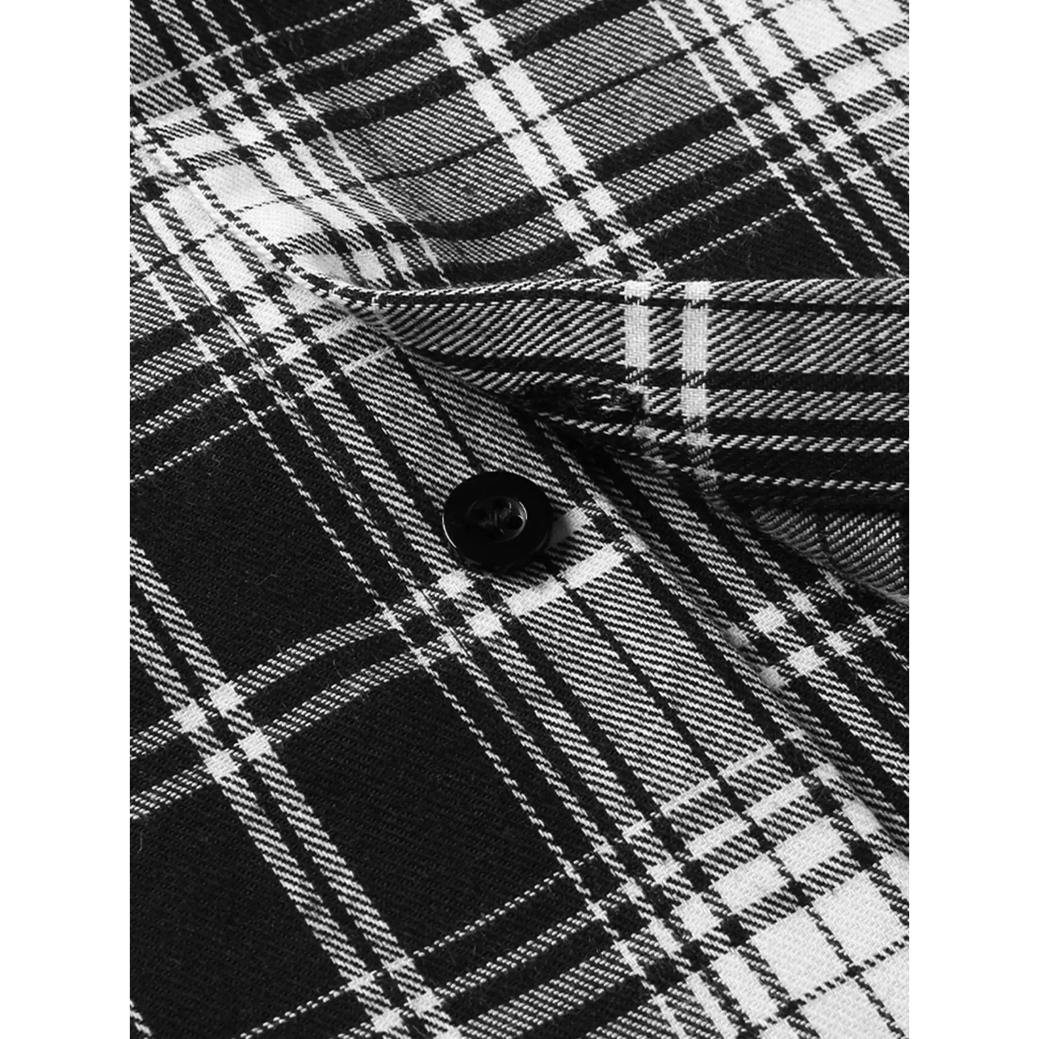 MannerCo black plaid lapel shirt detail showing button closure and woven check fabric