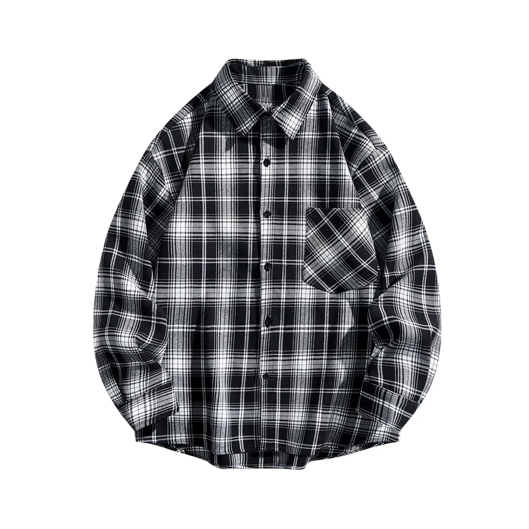 MannerCo black plaid lapel shirt long sleeve relaxed fit single-breasted front product display