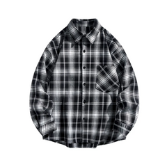 MannerCo black plaid lapel shirt long sleeve relaxed fit single-breasted front product display