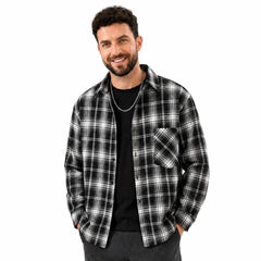 MannerCo black plaid lapel shirt with long sleeves and relaxed fit worn by male model