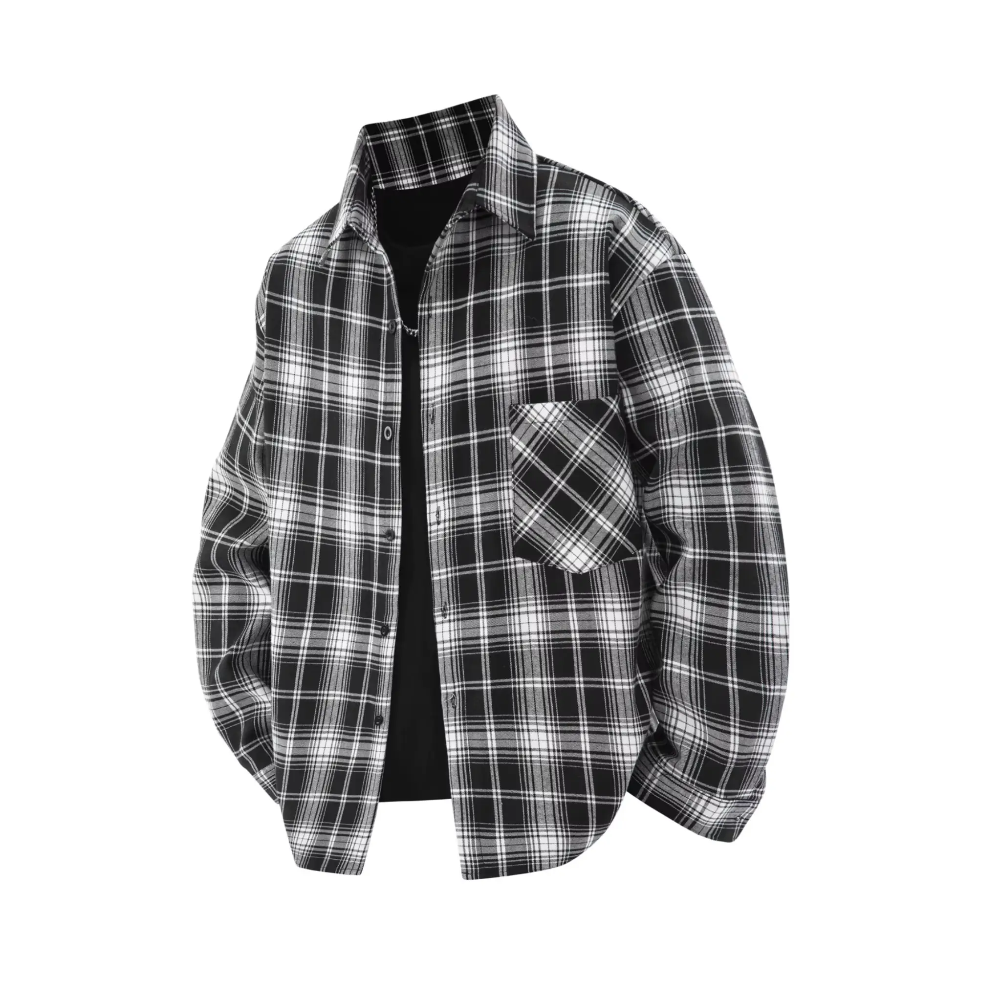 MannerCo black plaid lapel shirt long sleeve relaxed fit single-breasted product display