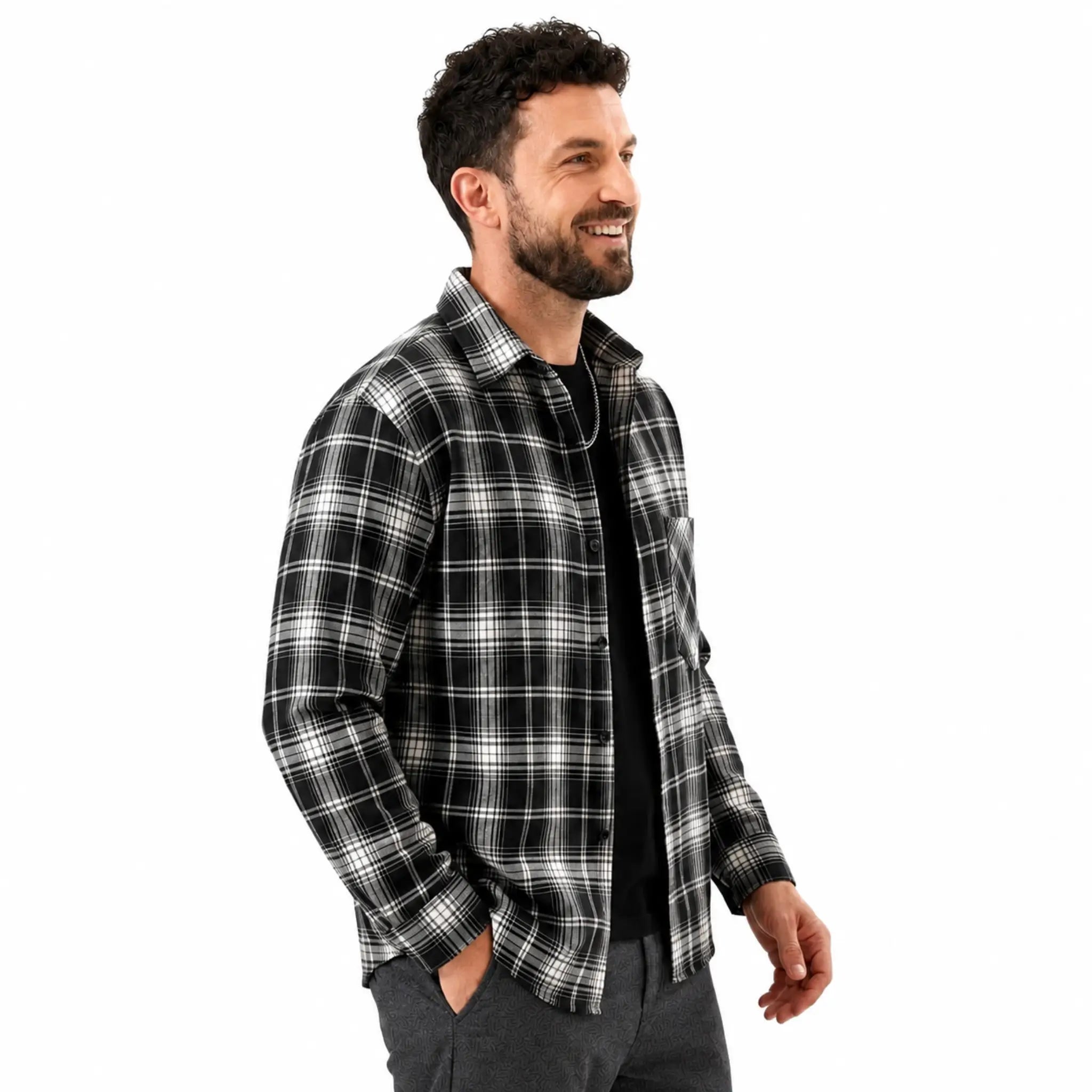 MannerCo black plaid lapel shirt long sleeve relaxed fit worn by male model side view