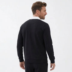 MannerCo black polo collar hoodie loose fit back view with white collar detail