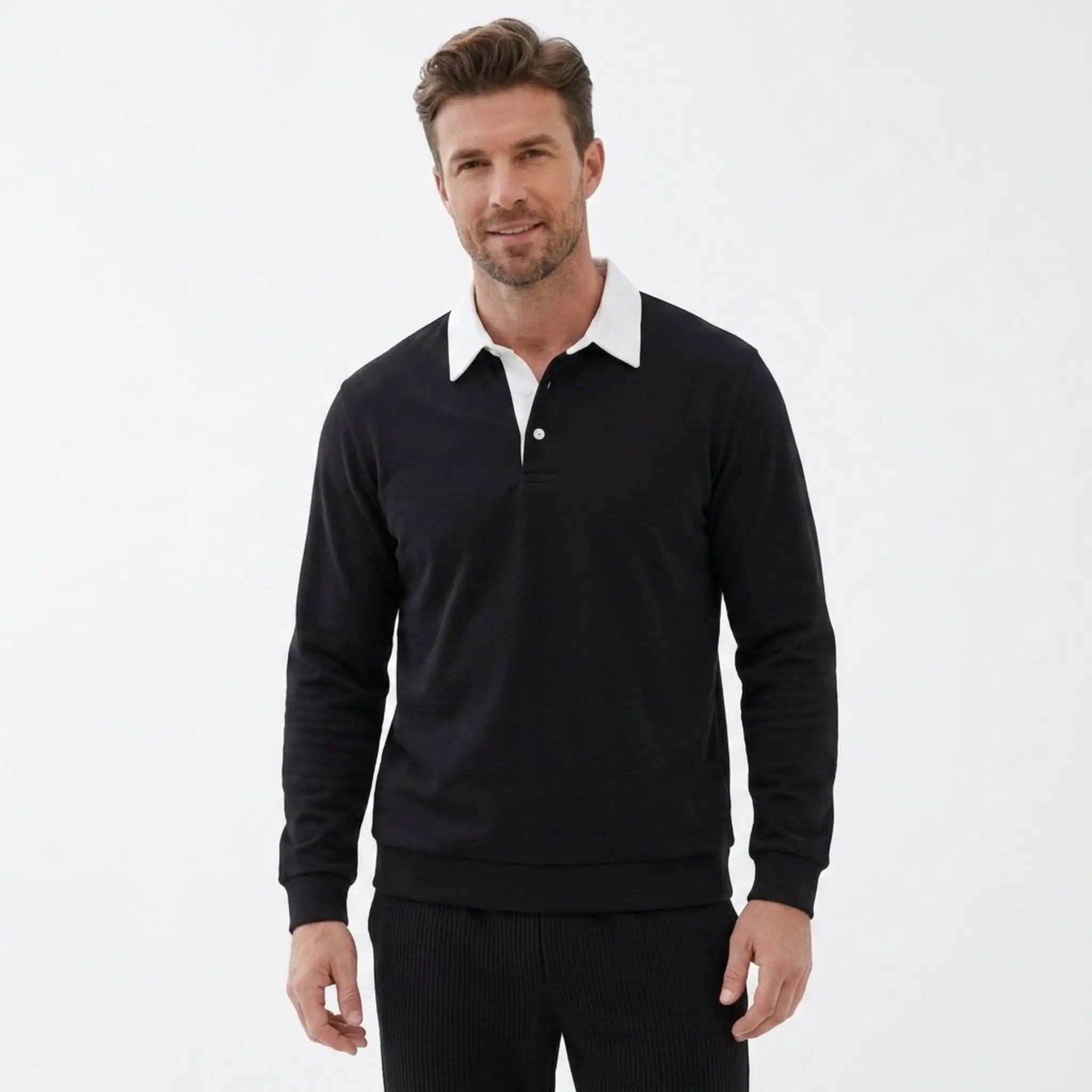 MannerCo black polo collar hoodie with white contrast collar and button closure loose fit front view