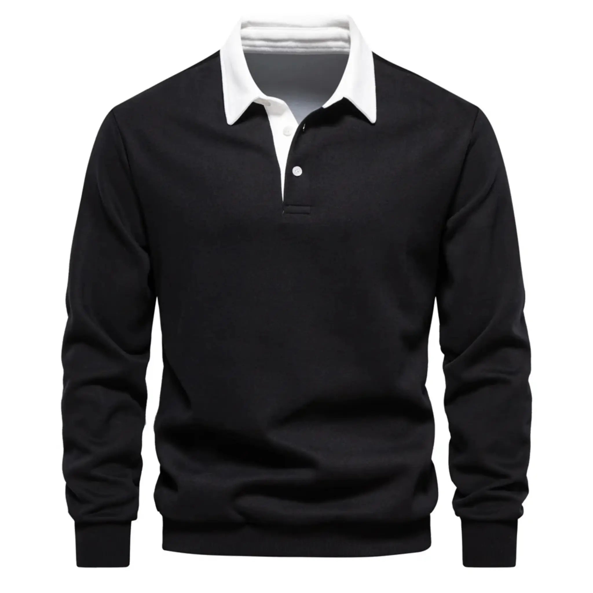 MannerCo black polo collar hoodie loose fit with white collar and button closure product display