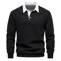 MannerCo black polo collar hoodie loose fit with white collar and button closure product display